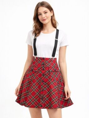 Unique Vintage Red Tartan Suspender Skirt Size Small